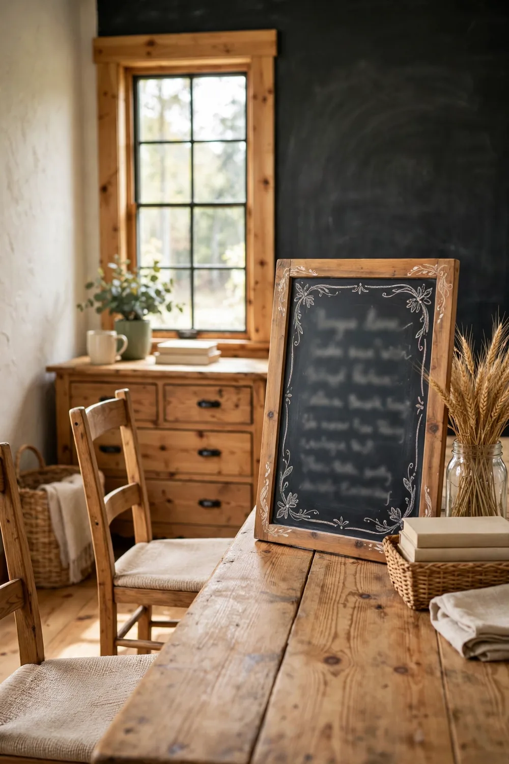 A small chalkboard sign with a handwritten Thanksgiving menu propped at the end of a dining table