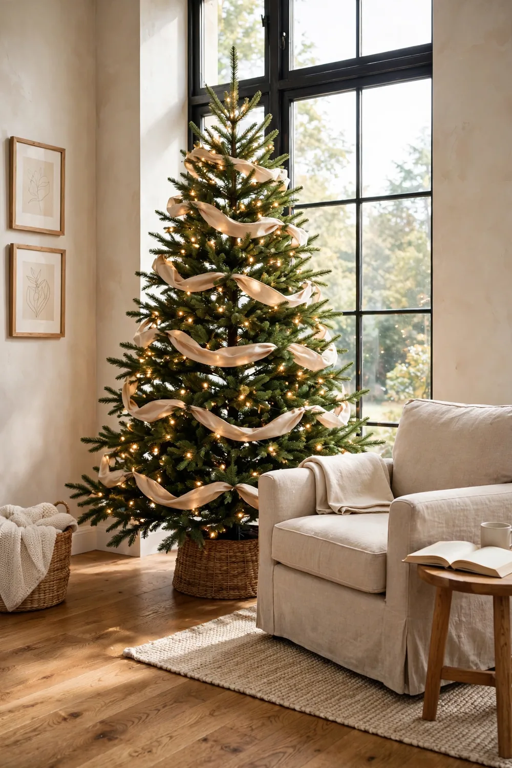 Christmas tree decorated with draped champagne ribbon swags and warm white lights in a cozy living room