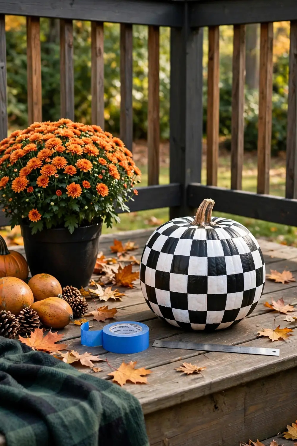 Black and white checkerboard pattern painted on a pumpkin on a deck