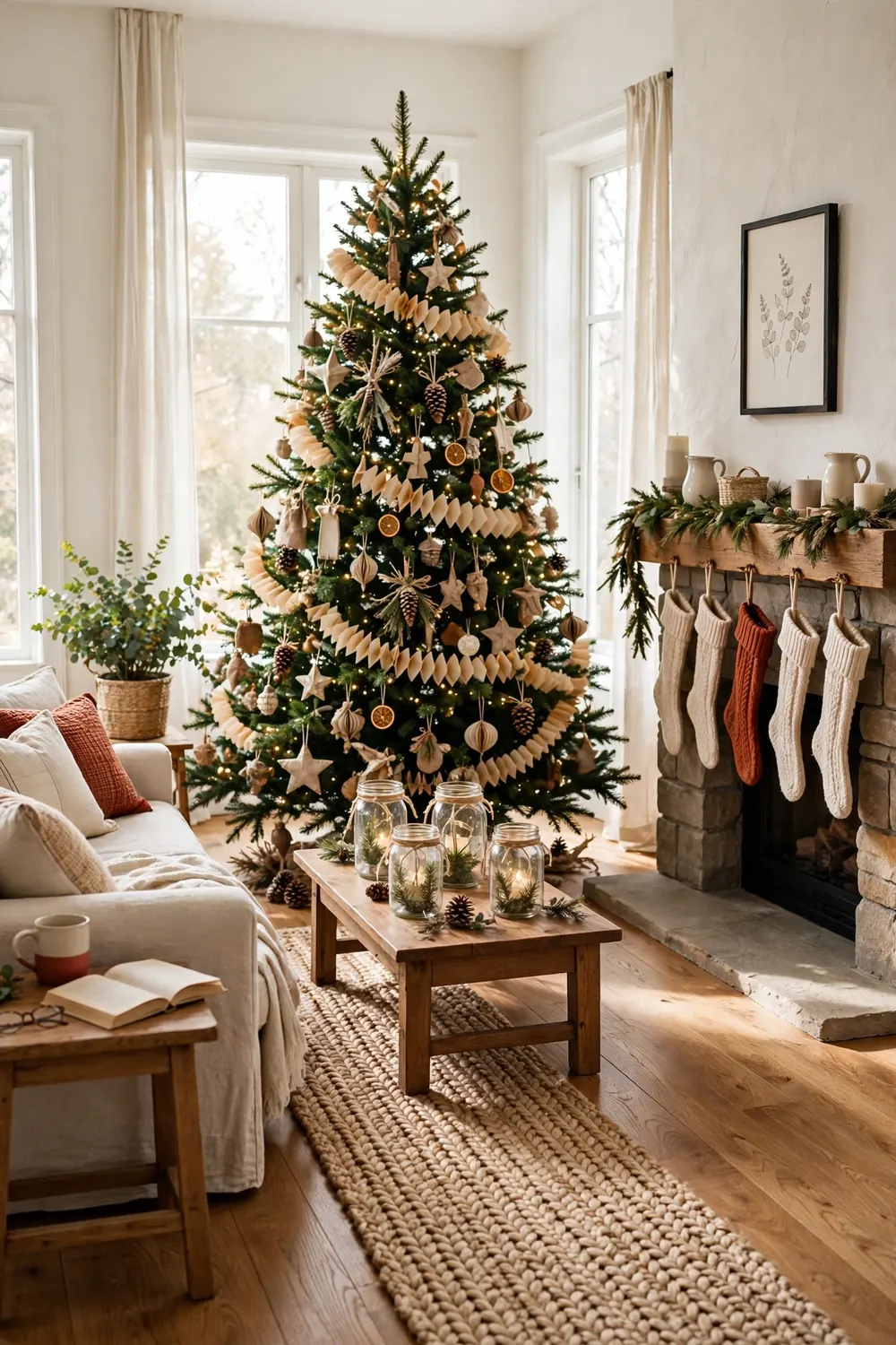 White farmhouse living room with a decorated Christmas tree, stone fireplace with stockings, and handmade holiday crafts on the mantel
