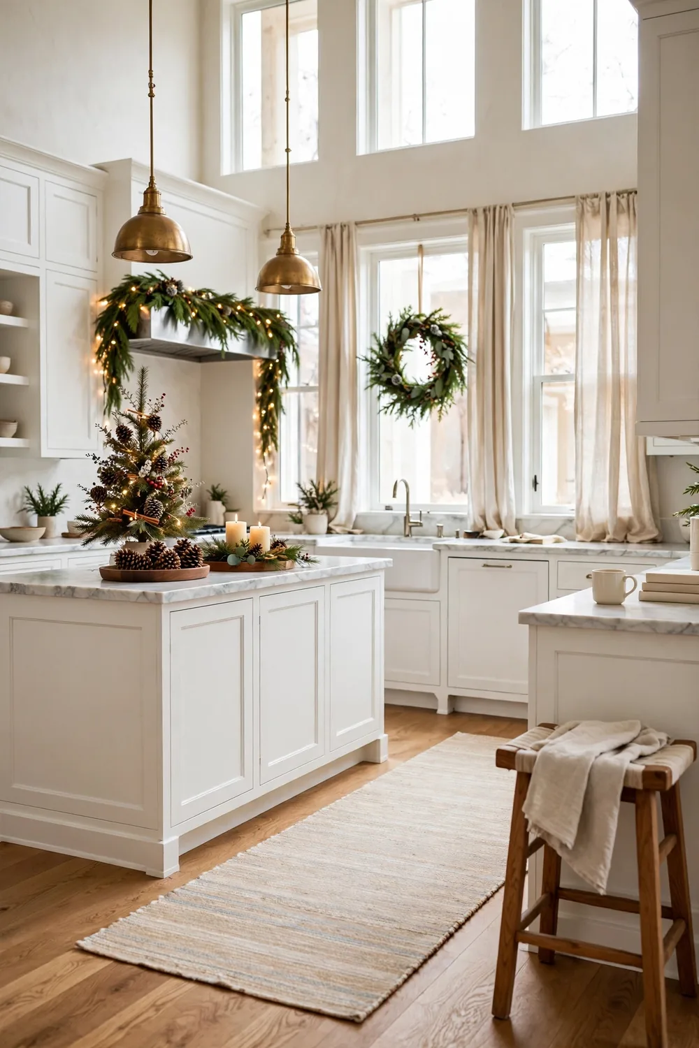 Wide view of a bright white kitchen decorated for Christmas with garland on the range hood, a mini tree on the island, and a wreath in the window