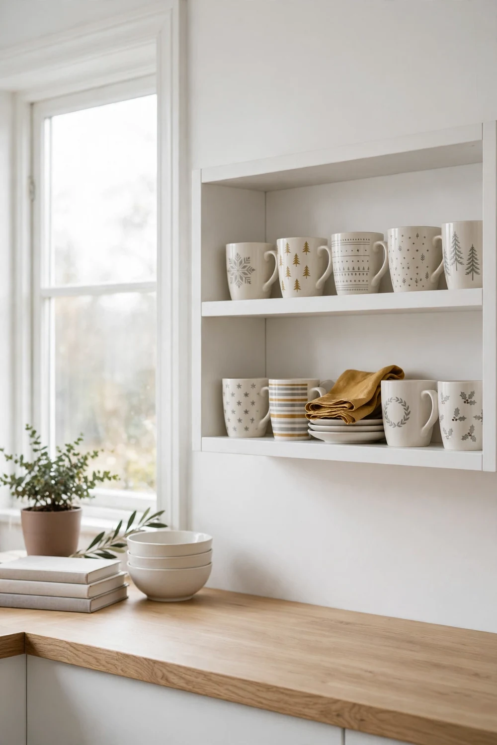 Christmas mugs with holiday designs lined up on white open kitchen shelves beside stacked plates