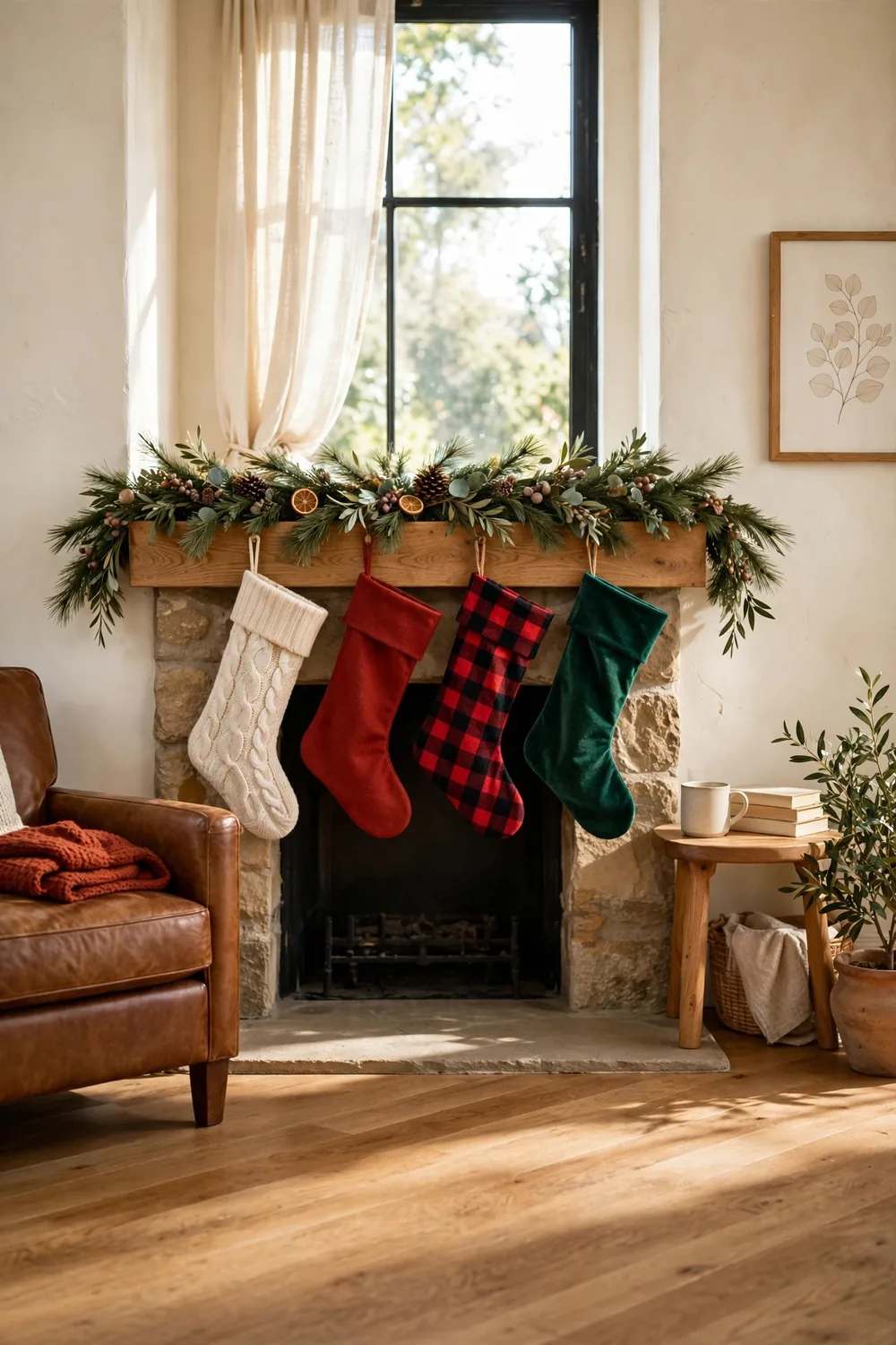 Farmhouse mantel hung with a row of personalized Christmas stockings in knit, felt, plaid, and velvet with pine garland above