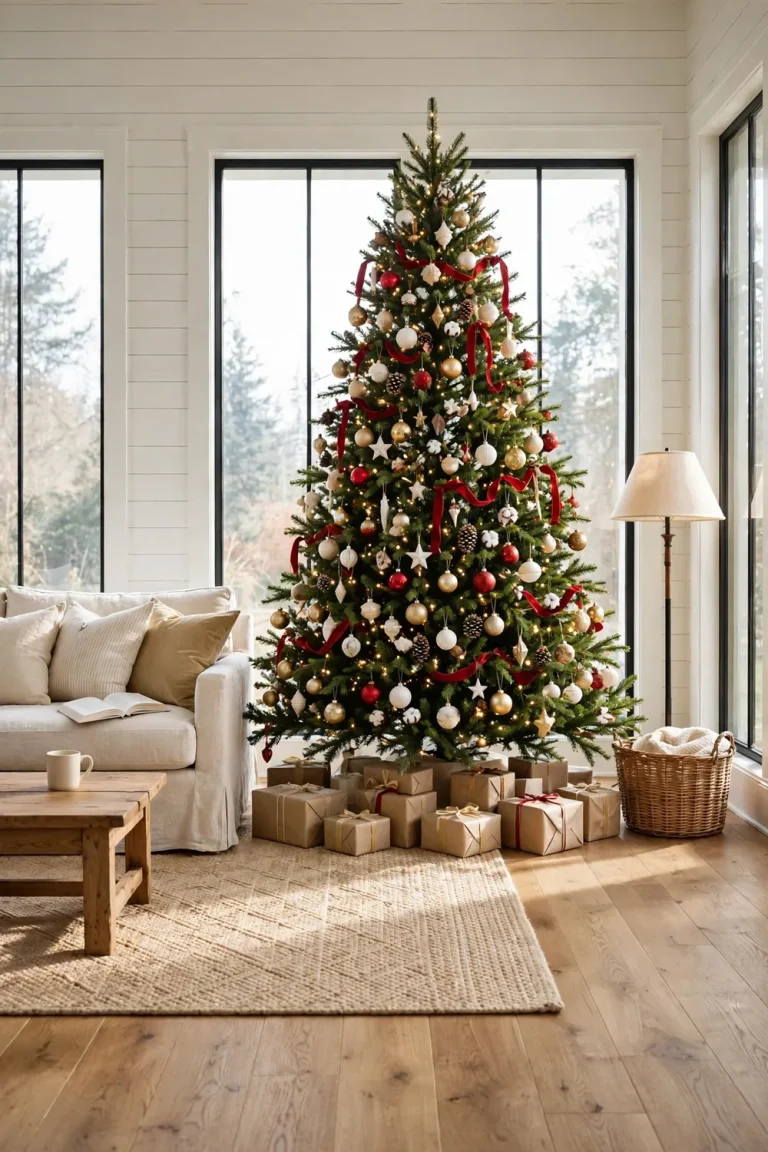 A tall Christmas tree decorated in classic red, gold, and white ornaments standing in a bright farmhouse living room with wrapped gifts beneath