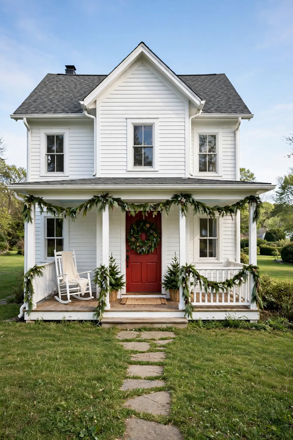 A white farmhouse front with a red door dressed in a full Christmas wreath, garland on the porch, and a wide green lawn