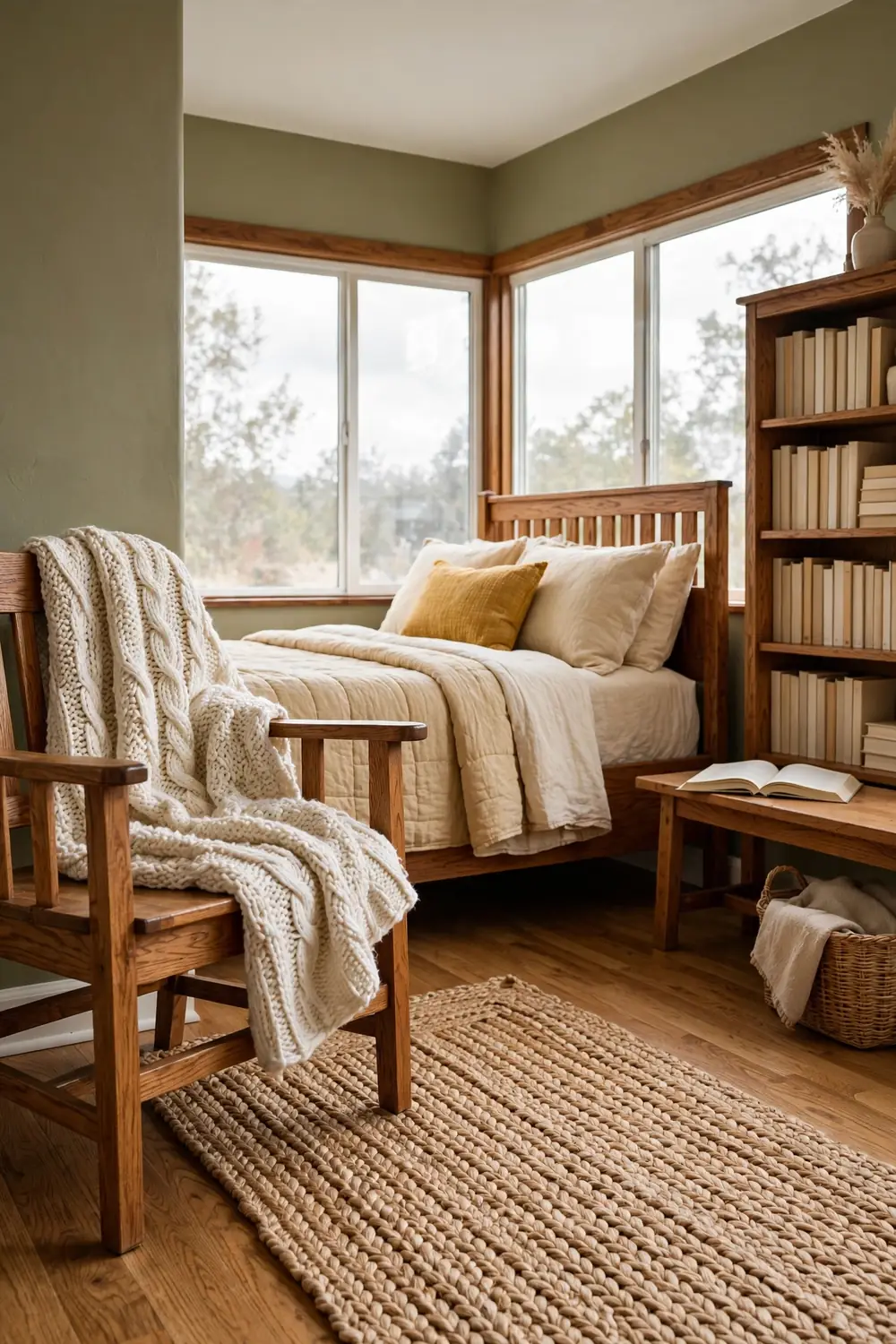 Cream chunky knit throw draped over a wooden armchair in a bedroom nook