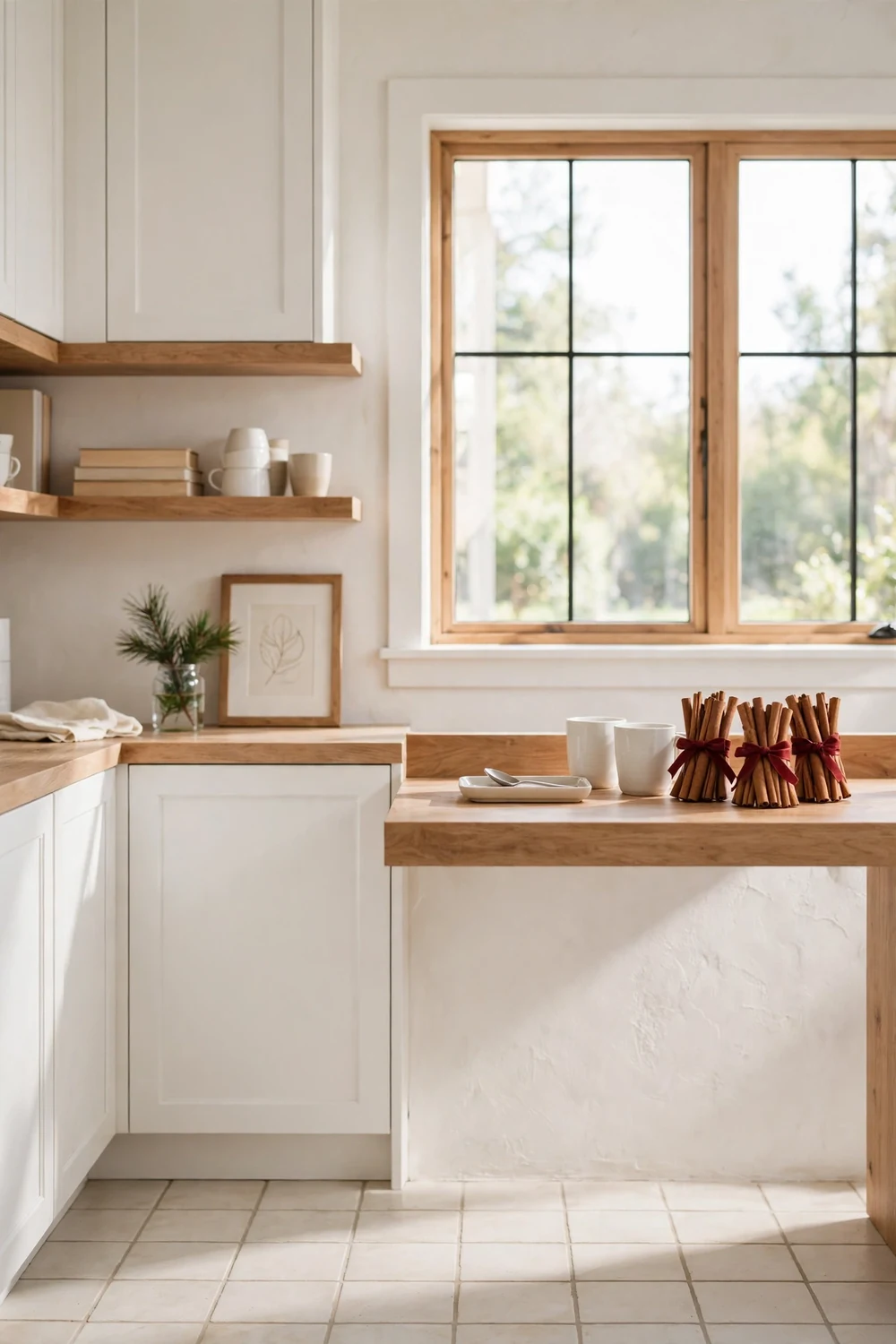 Bundles of cinnamon sticks tied with red ribbon styled on a modern kitchen coffee bar