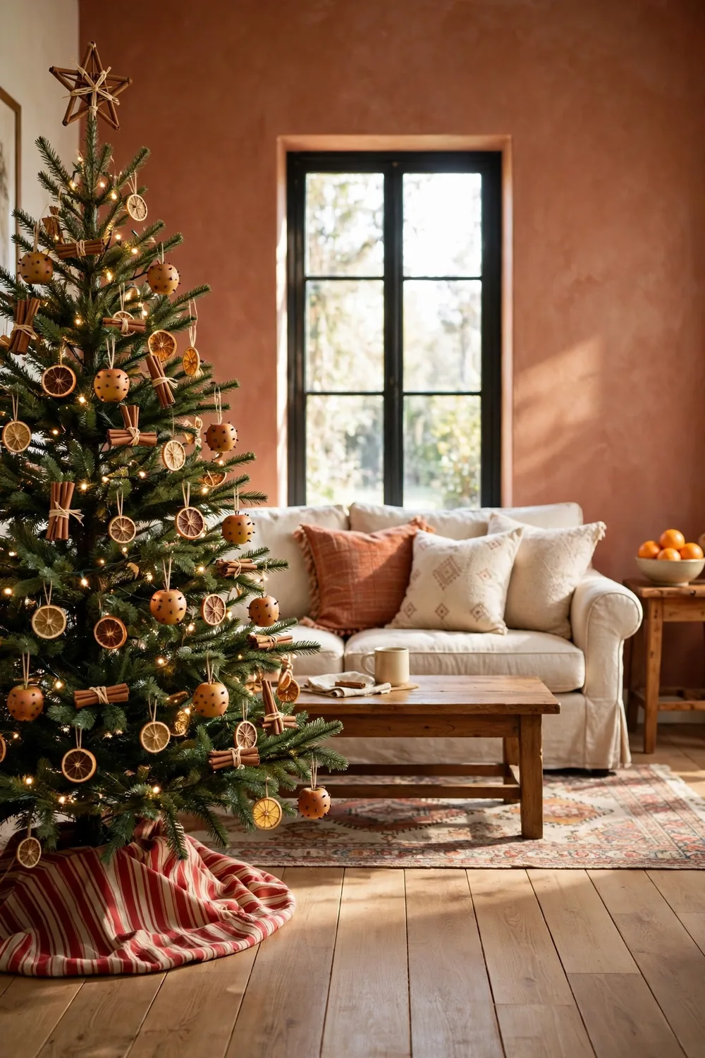 A Christmas tree with cinnamon stick bundles, dried orange slices, and pomanders in a warm terracotta living room