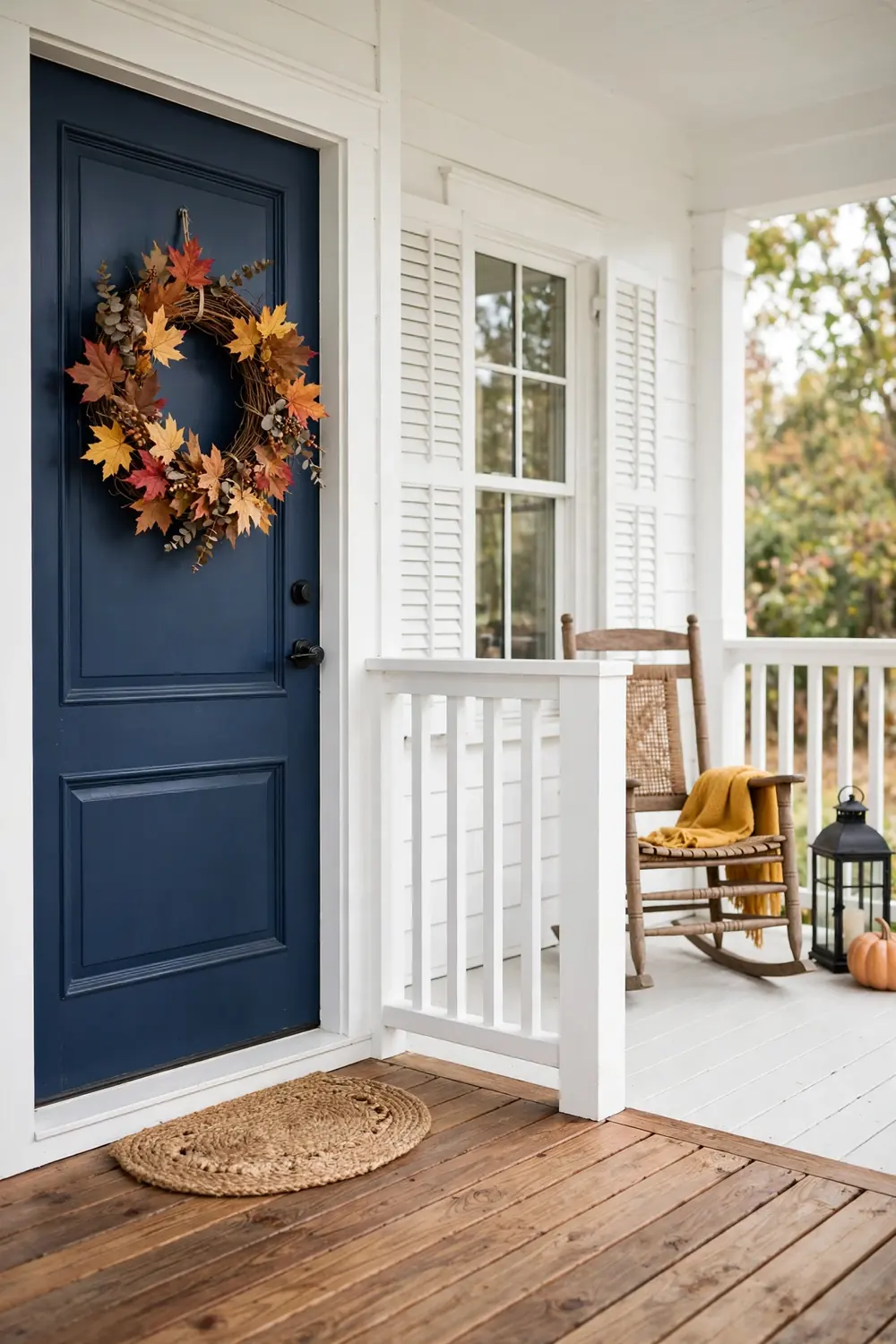 White farmhouse porch with a navy blue front door and a classic autumn leaf wreath in warm fall colors