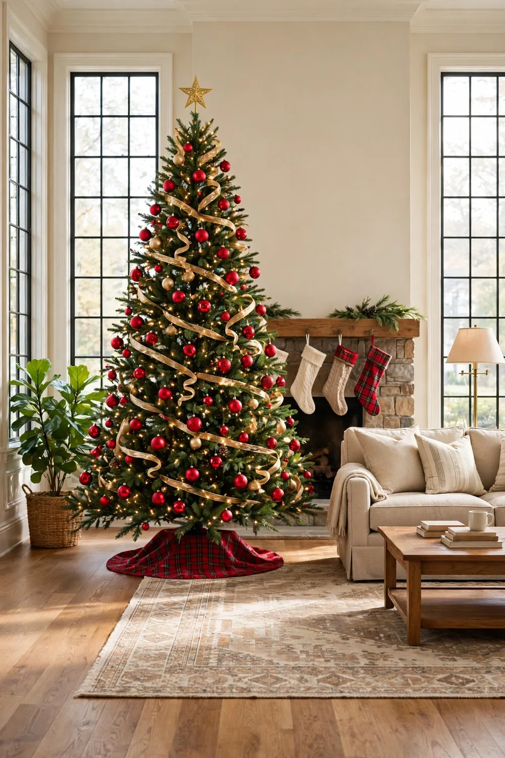 A classic Christmas tree with red balls, gold ornaments, and gold mesh ribbon in a traditional living room
