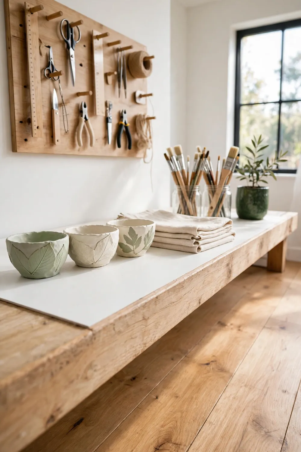 Small bowls made from air-dry clay with pressed leaf vein textures on a white craft room table