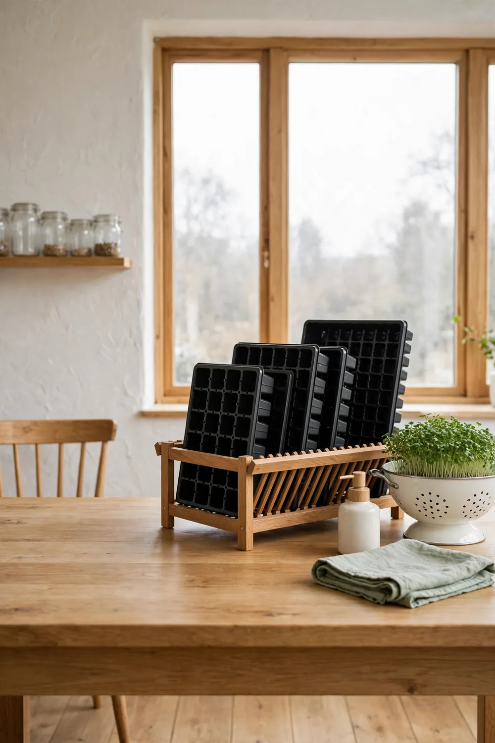 Clean empty trays air-drying on a rack beside a colander of rinsed microgreens on the kitchen table