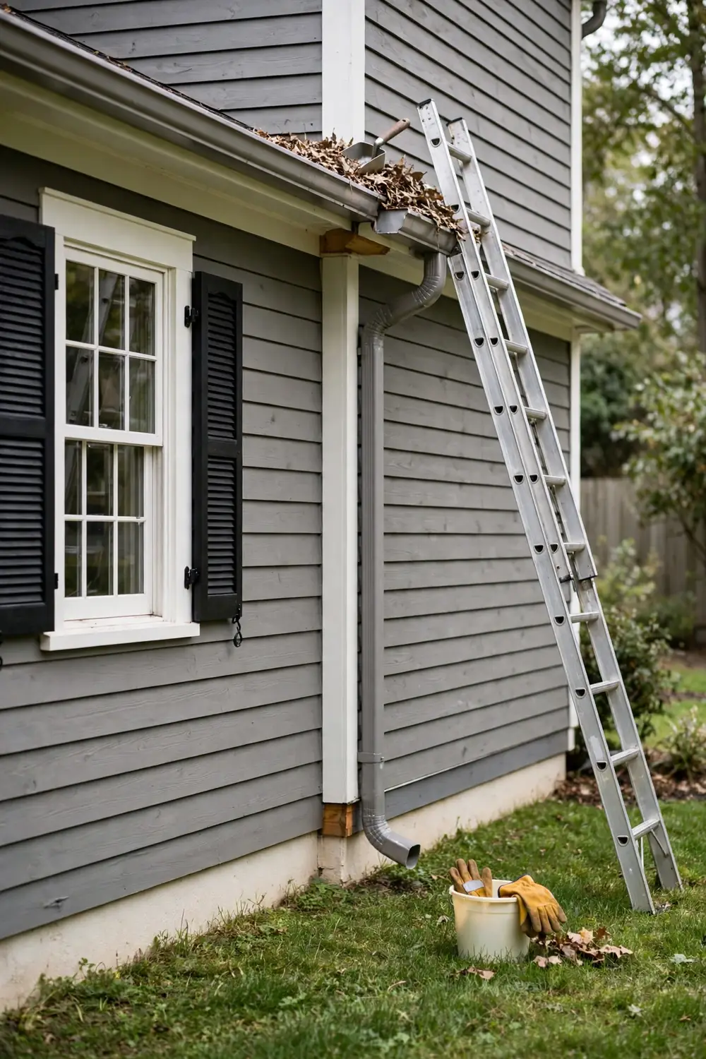 Extension ladder leaning against a gray house gutter with leaves being scooped out on a clear fall day