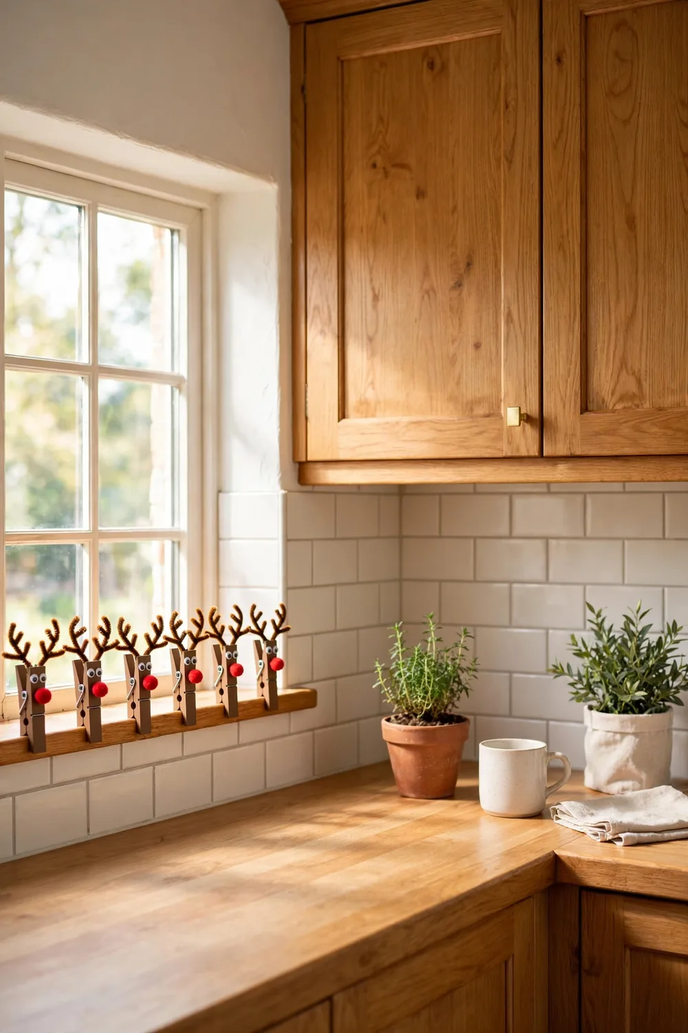 Clothespin reindeer ornaments with pom pom noses clipped along a kitchen windowsill