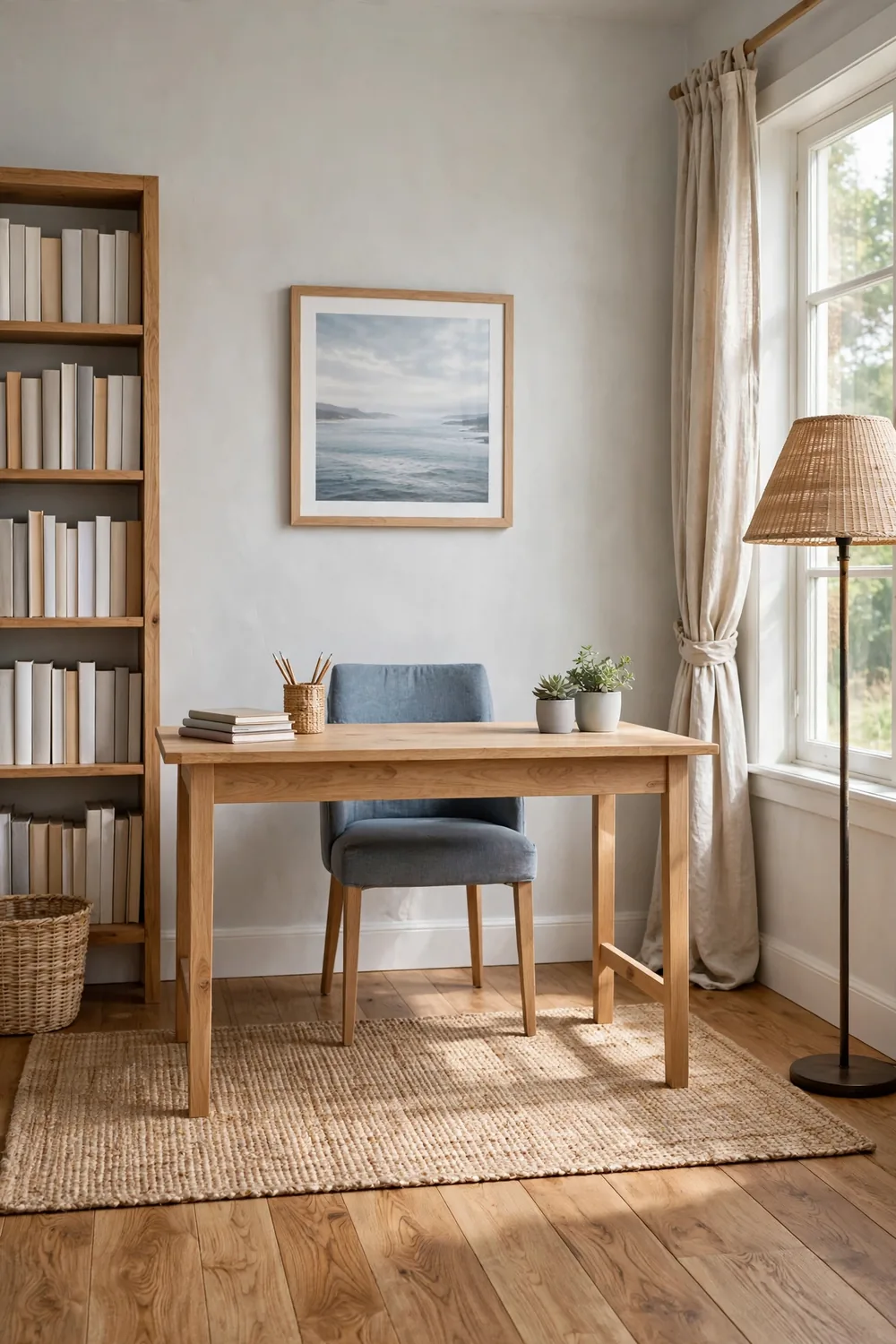 Calm coastal home office with warm white walls, a blue-gray desk chair, jute rug, and light wood desk