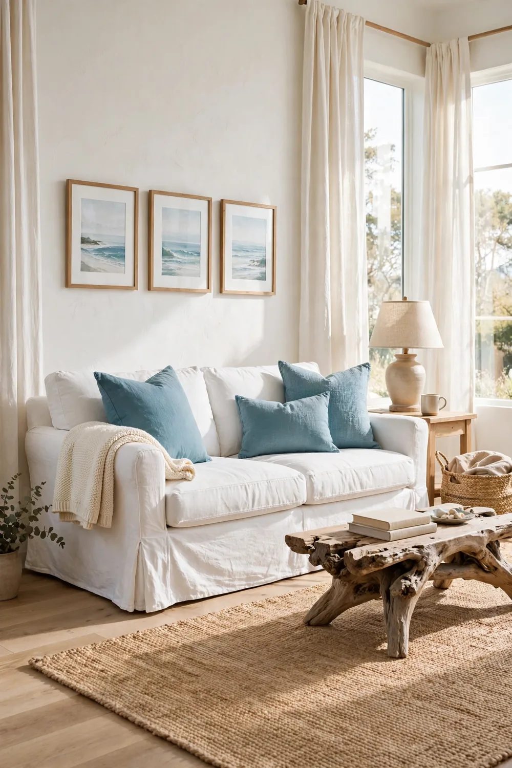 Bright coastal living room with a white slipcovered sofa, sea-glass blue pillows, jute rug, and tall sunlit windows