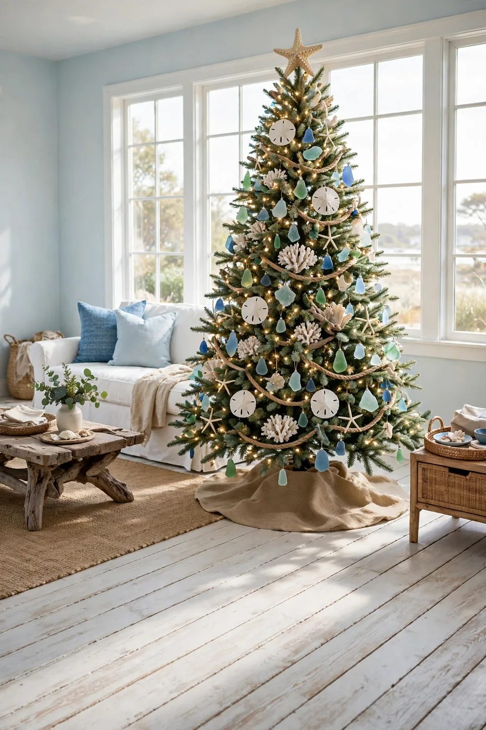 A coastal Christmas tree with sea glass ornaments, coral pieces, and rope garland in a pale blue living room