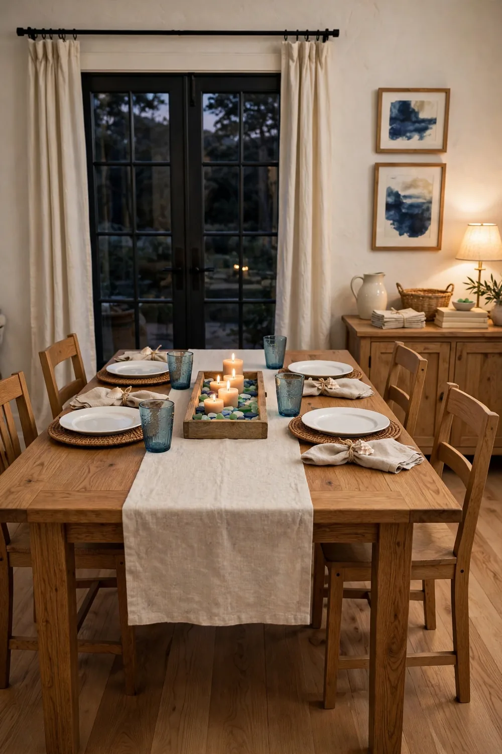 Inviting coastal dining room with a dinner tablescape of white plates on woven chargers, blue glasses, and candlelight
