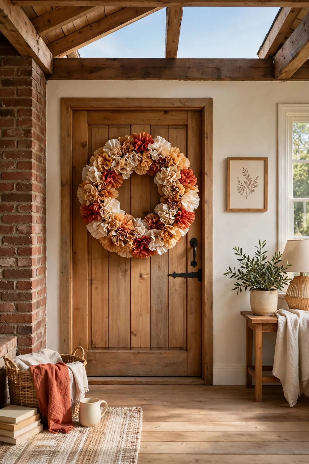 Full wreath made of ruffled coffee filters in warm fall shades on a front door
