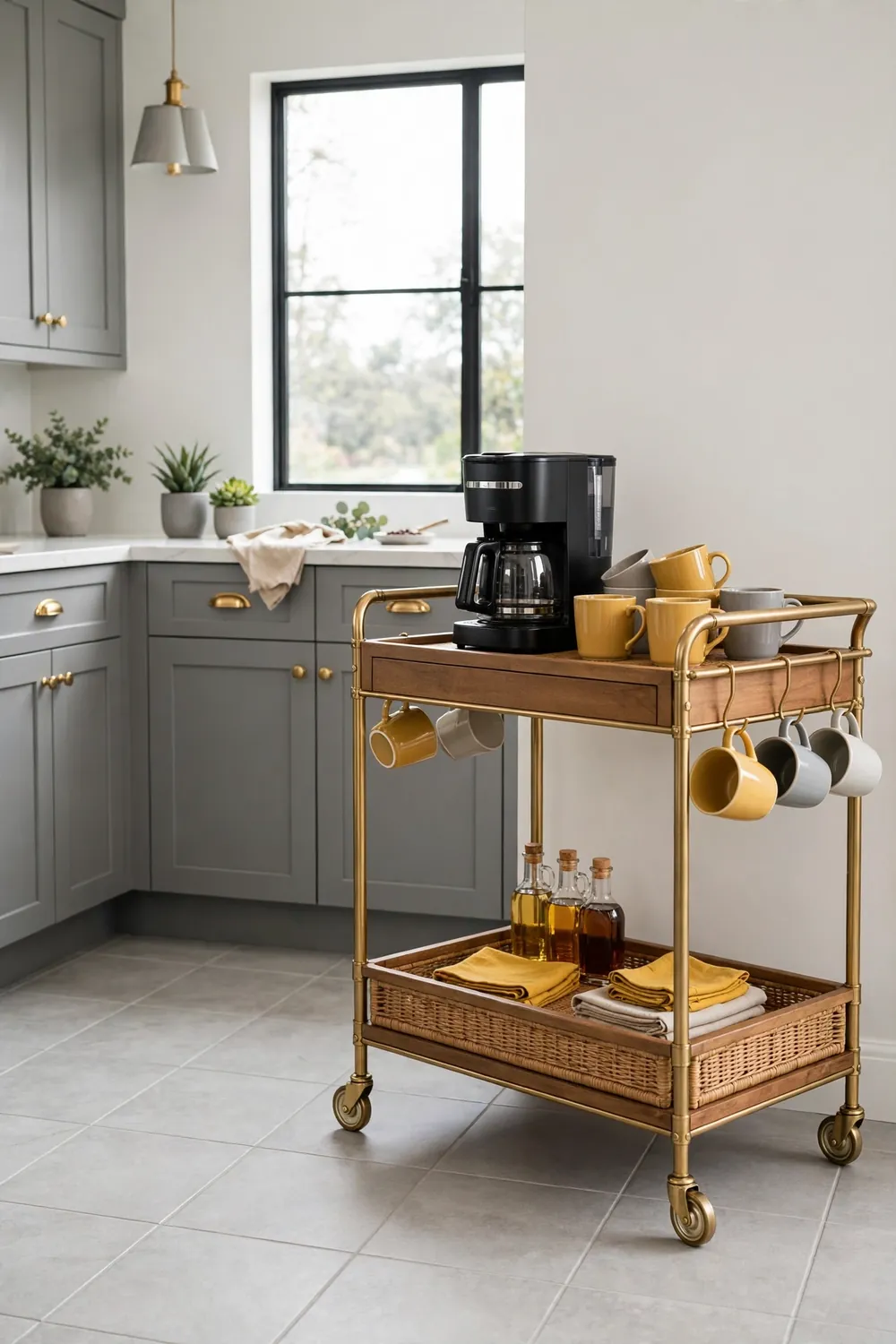 Compact rolling coffee bar cart in a gray modern kitchen with brass hardware, a coffee maker on top, hanging mugs, syrup bottles below, and mustard yellow accents.