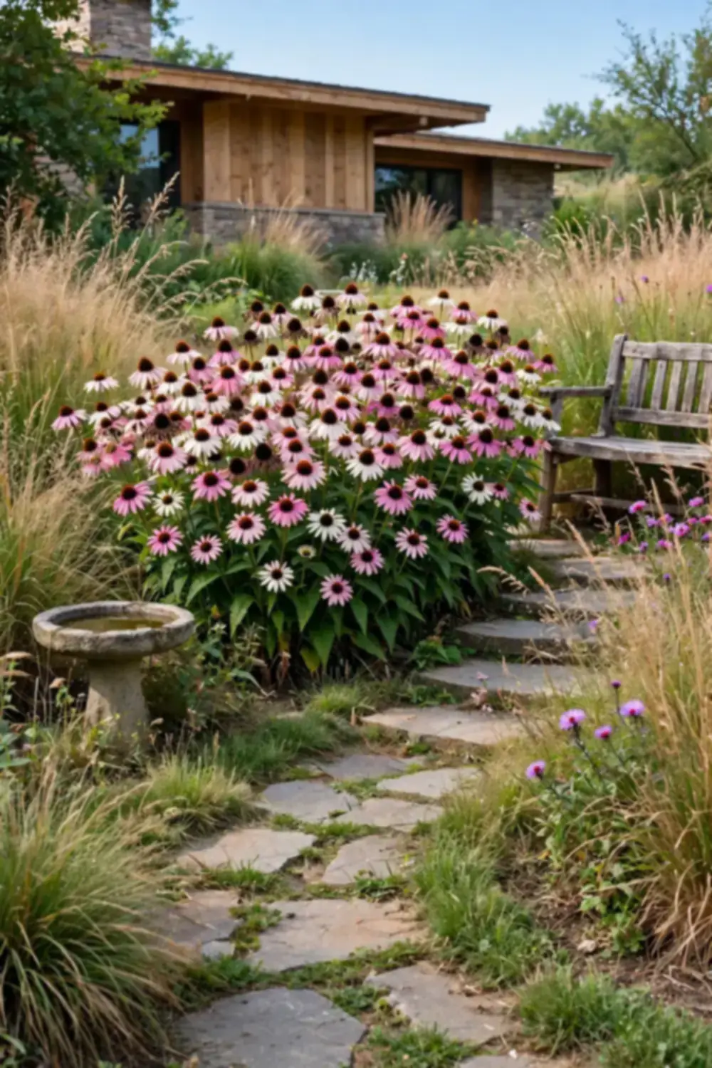 Pink coneflowers with dark seed heads in a prairie-style border