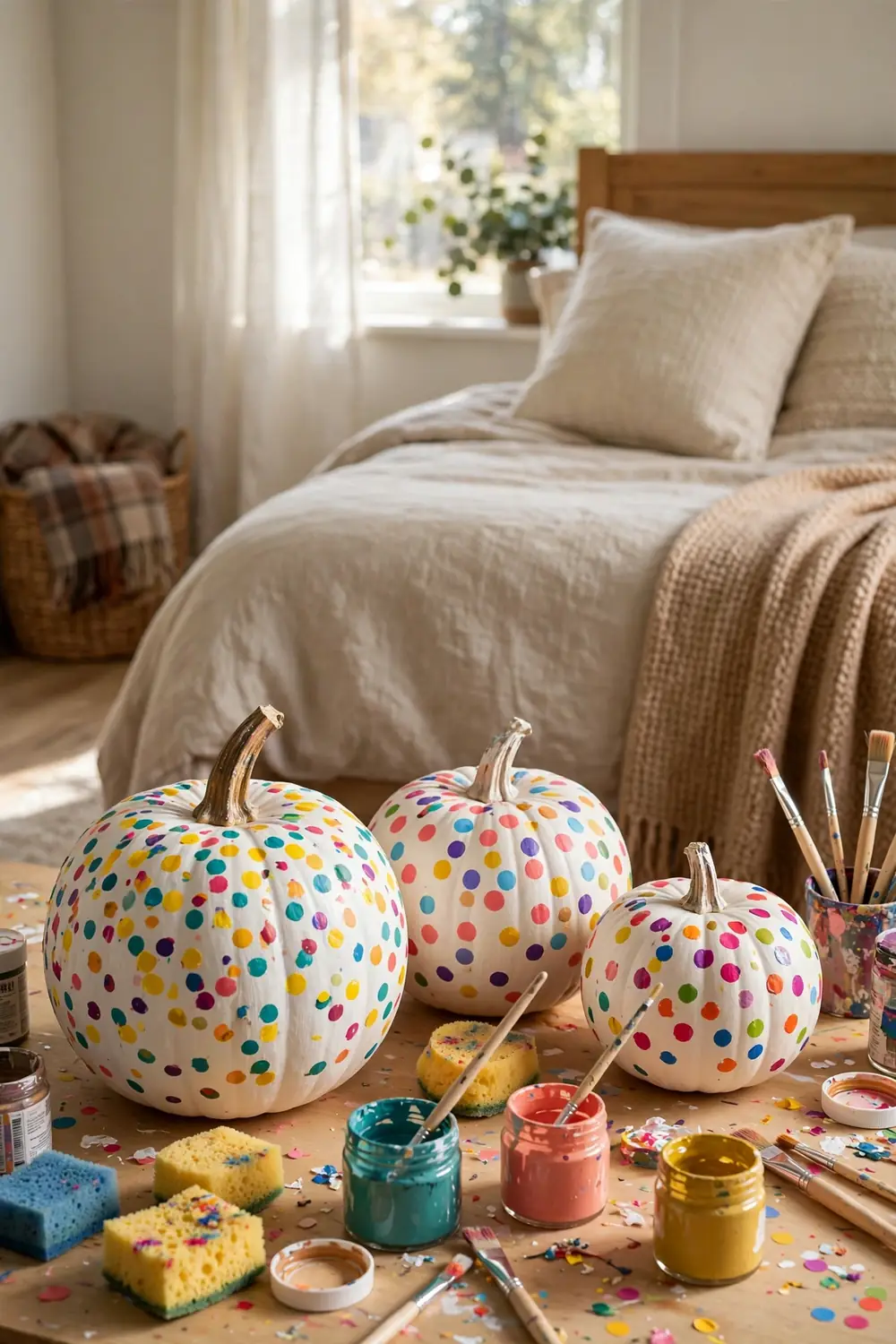 Multicolor confetti dots painted on white pumpkins in a guest room