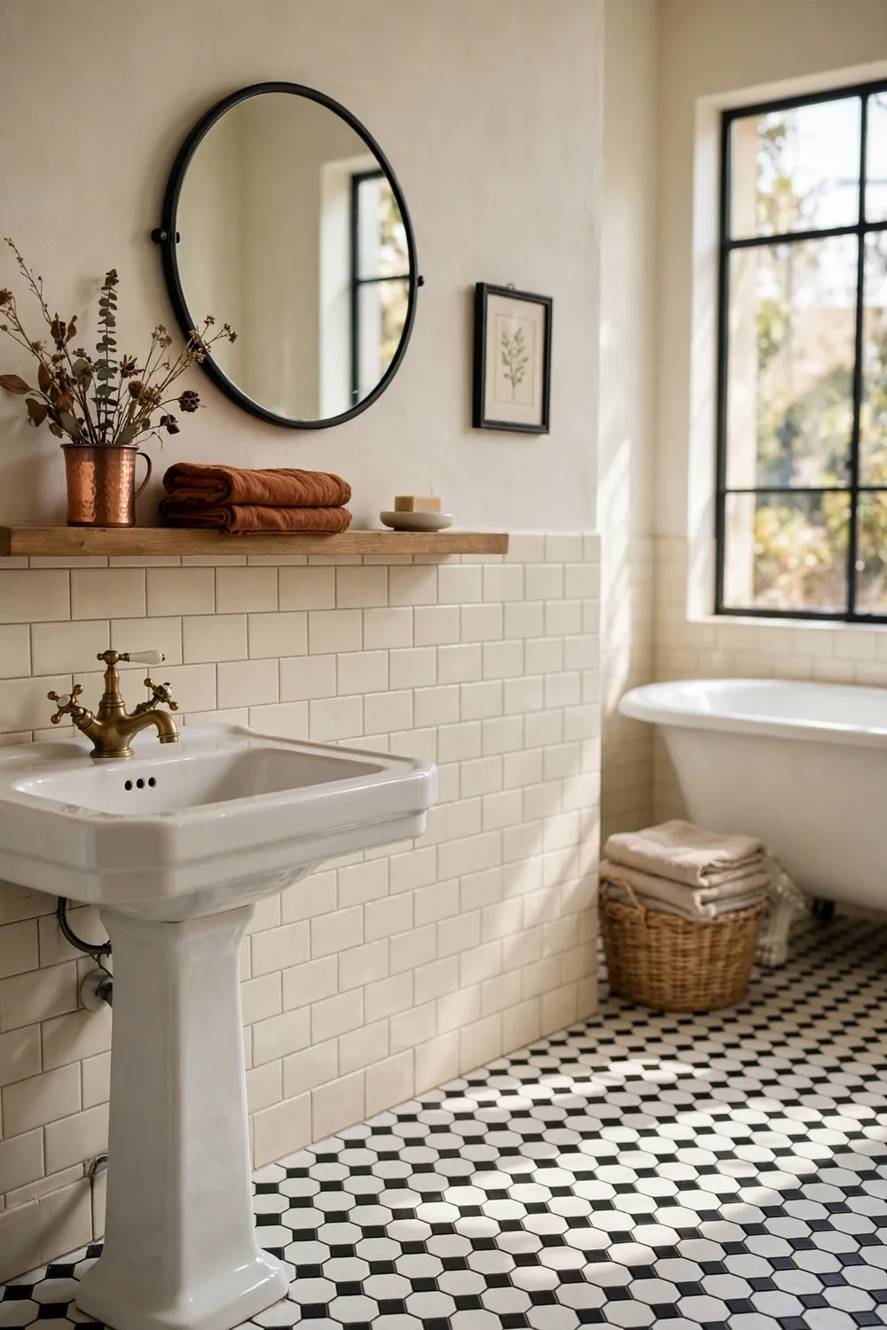 Vintage bathroom with a small copper cup of dried stems on an open wood shelf above the sink