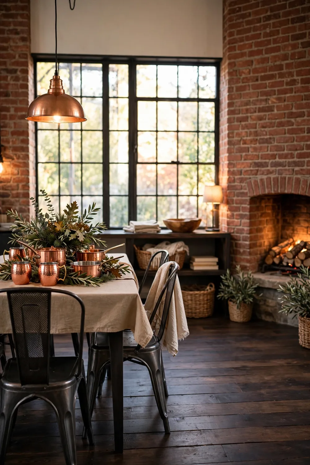 A Thanksgiving table centerpiece with copper mugs and pots grouped with greenery at the center