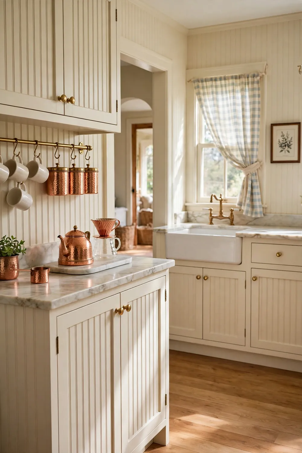 Copper and brass coffee accents in a cream cottage kitchen with a copper kettle, brass rail holding mugs, marble tray, and warm copper tones throughout.