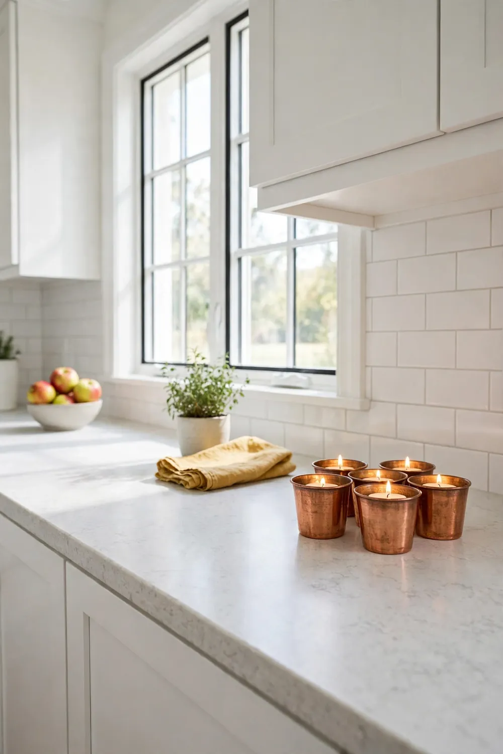 Five small copper cups holding tea lights glowing on a white kitchen counter
