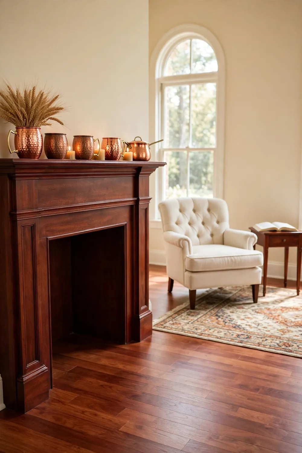 Copper mugs and a small copper pot grouped with candles on a traditional mahogany fireplace mantel, one mug filled with dried wheat