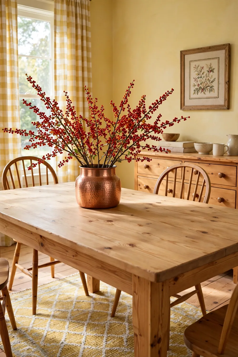 Hammered copper pot filled with tall red and orange berry branches fanning wide on a yellow country dining table