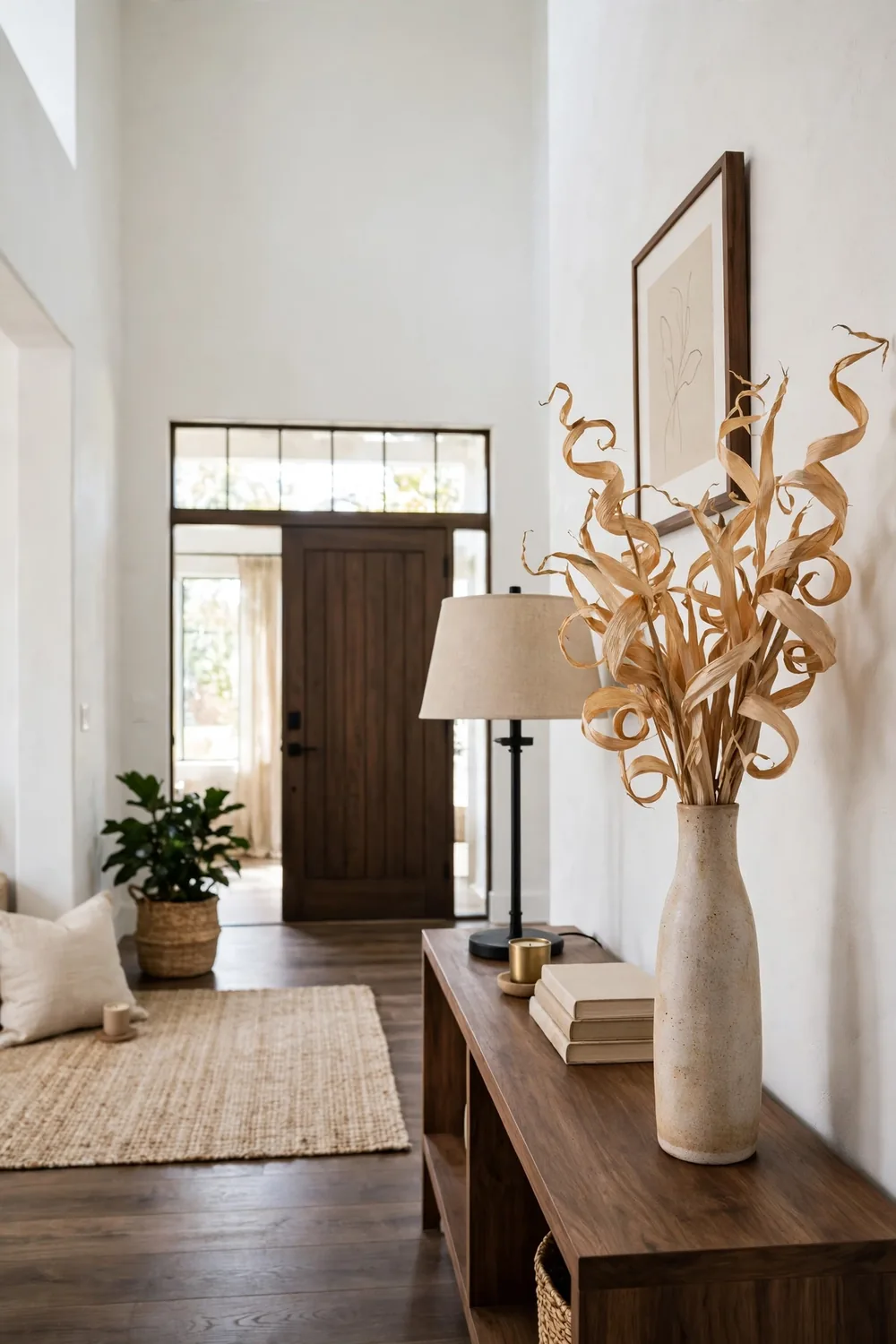 Tall narrow vase filled with curled dried corn husks in golden tones