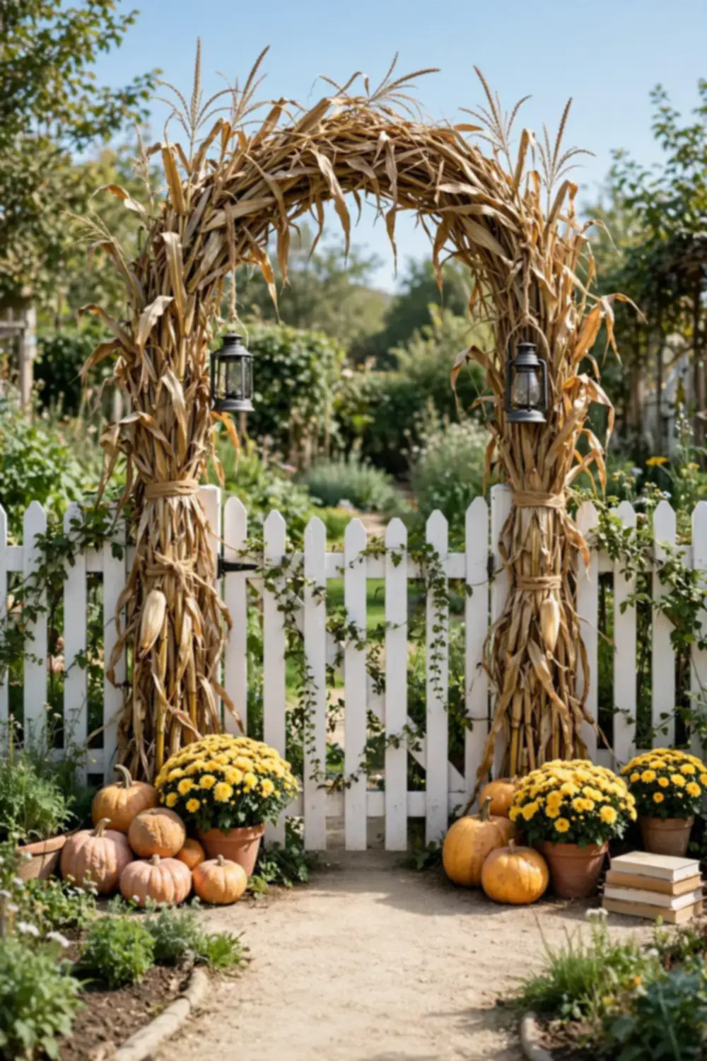 Garden gate framed by bundles of dried cornstalks tied with twine, with pumpkins and potted mums at the base and lanterns hanging above.