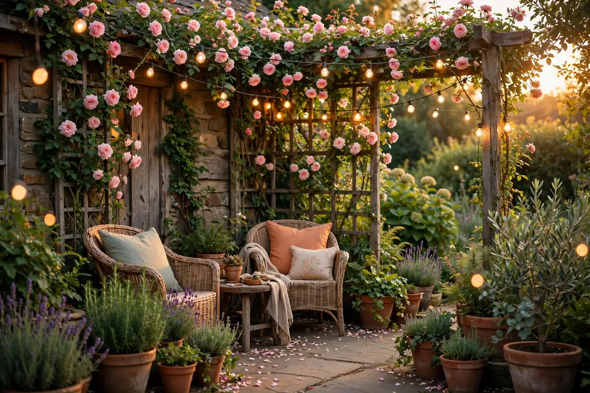 Beautiful cottage garden patio with climbing roses, cozy seating and string lights at golden hour