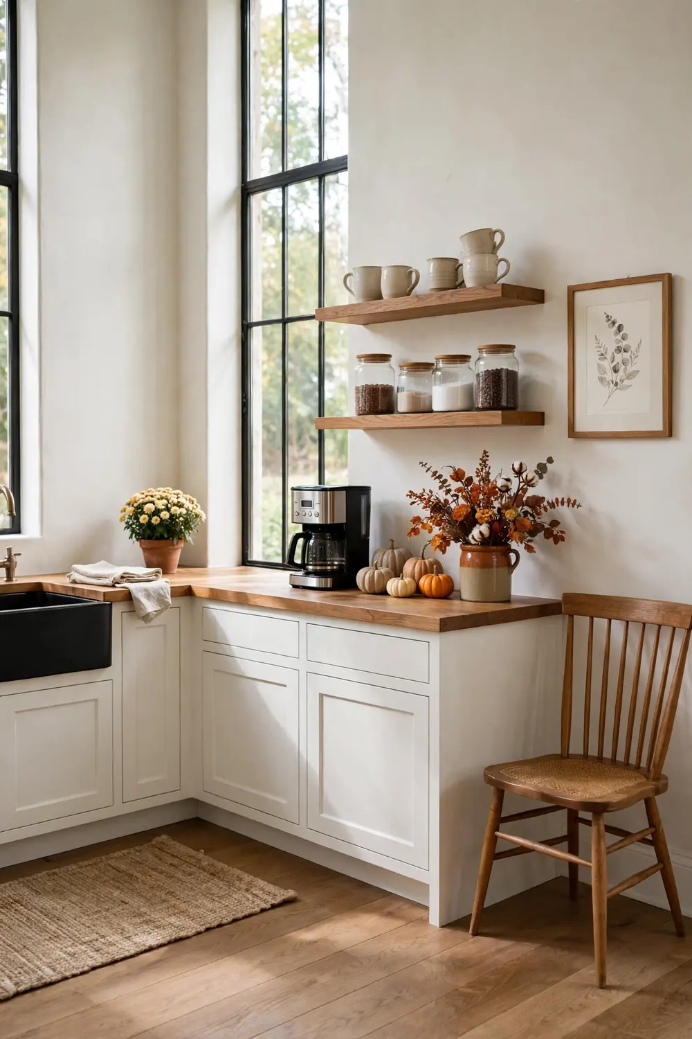 Wide view of a cozy fall coffee bar in a white farmhouse kitchen corner with oak counters, a tall window, rust orange accents, and styled shelves holding mugs and jars.