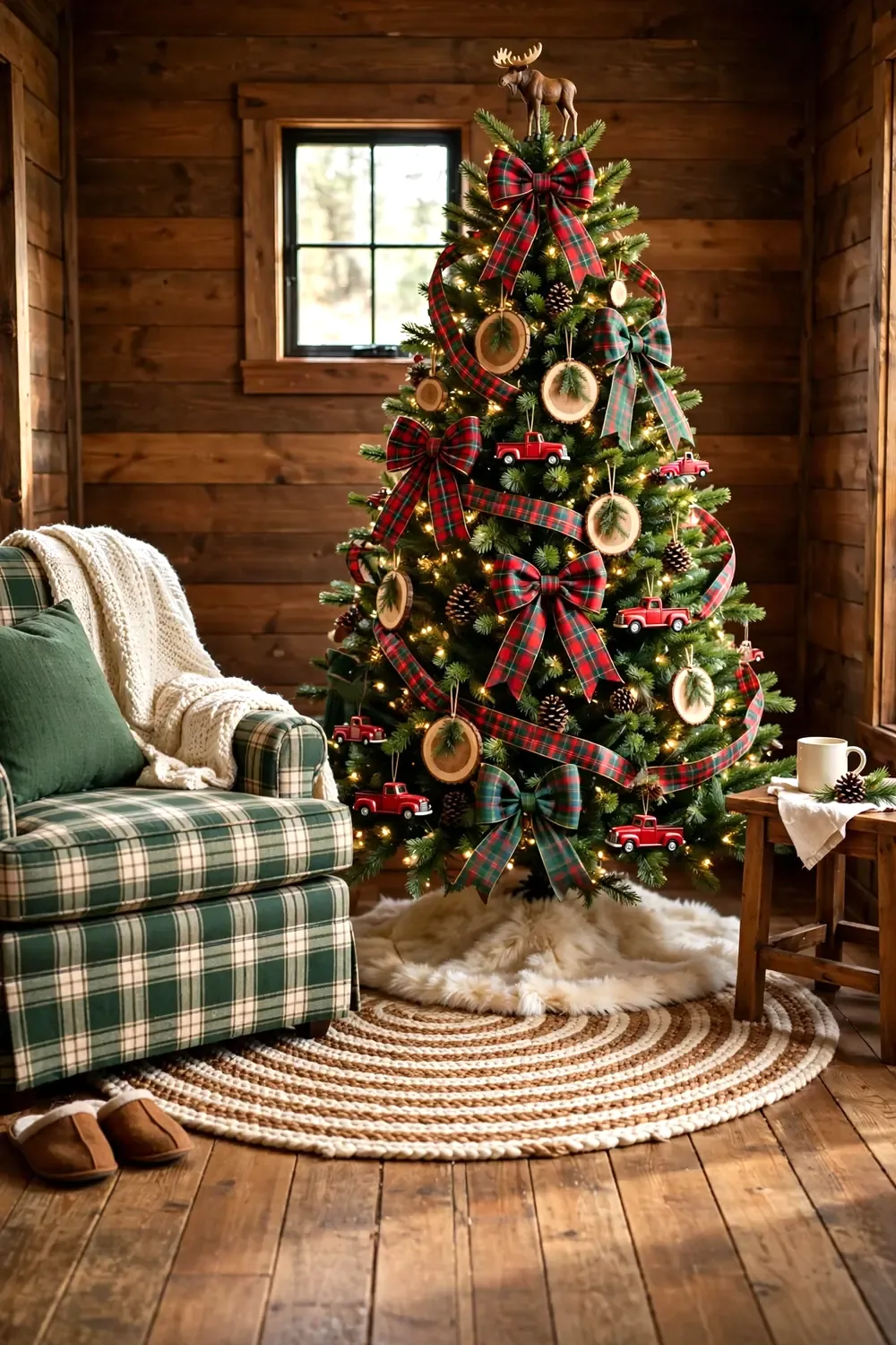 A Christmas tree with flannel plaid bows, wood slice ornaments, and pinecones in a cozy cabin living room
