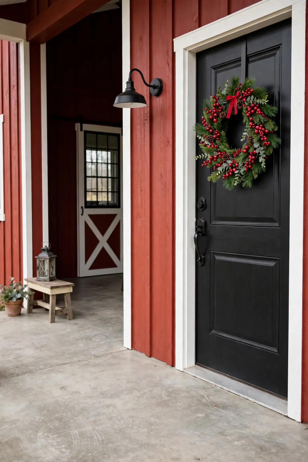 Red barn style home with a black front door and a cranberry and pine wreath with a red ribbon