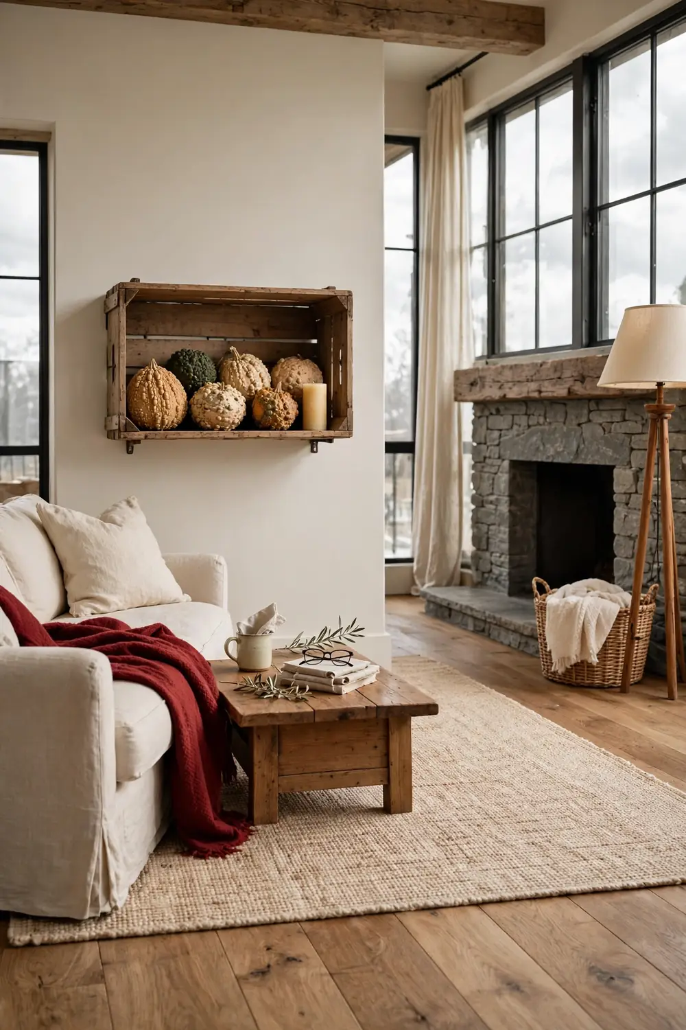 Wooden crate mounted on a rustic family room wall filled with gourds and a candle