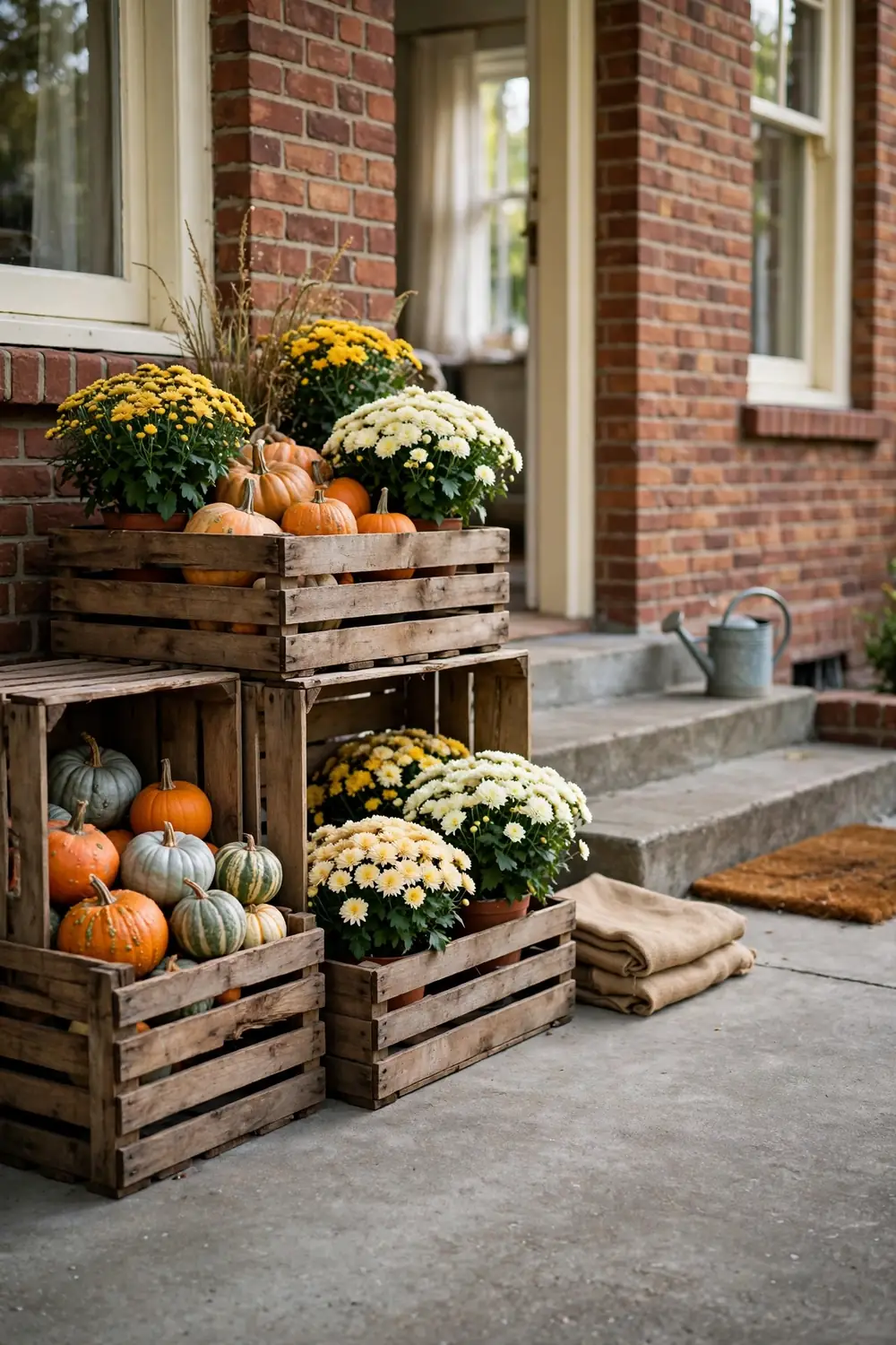 Stacked wooden crates filled with pumpkins, gourds, and potted mums on a brick bungalow porch