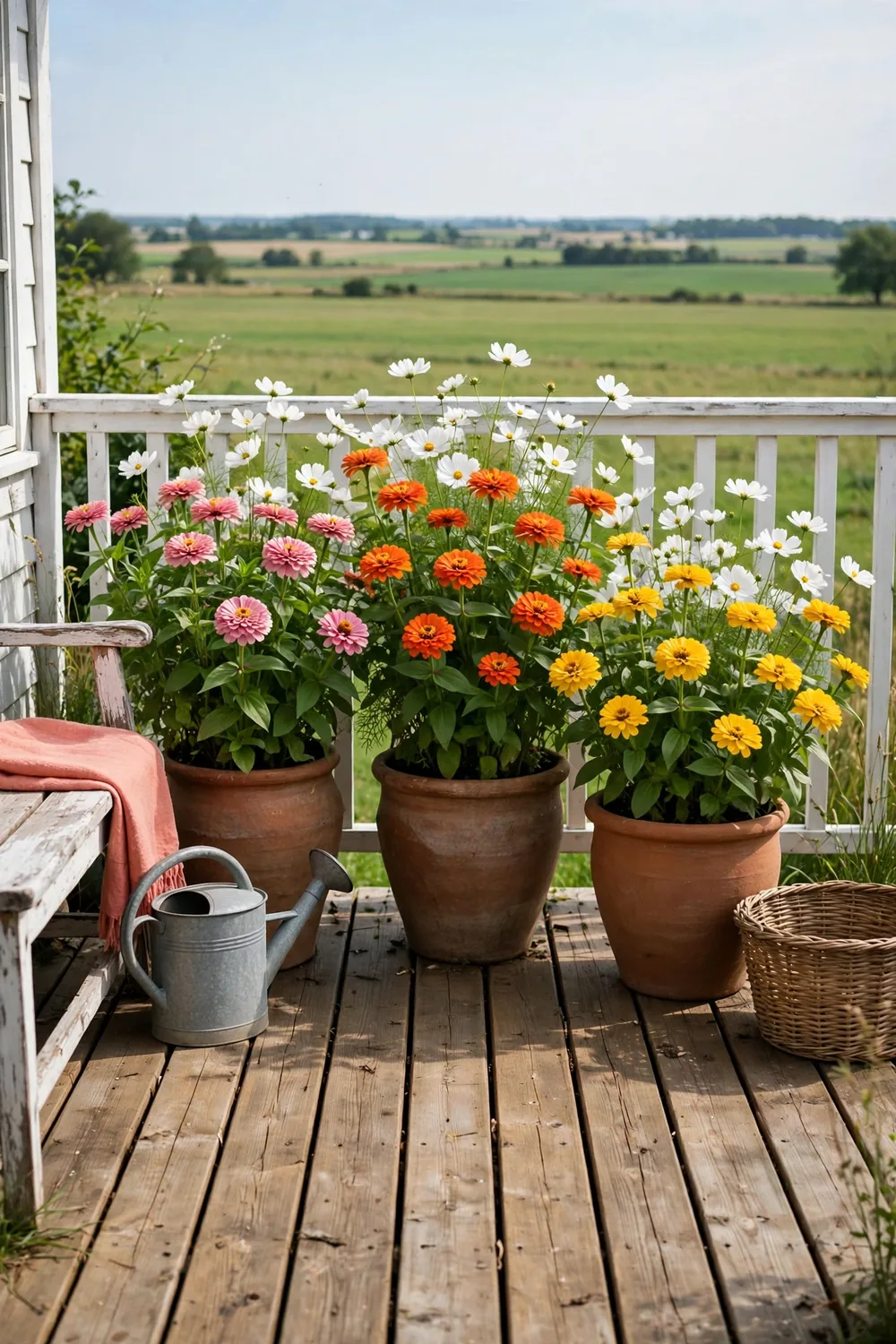 Bright pots of zinnias and cosmos in pink, orange, and yellow on a farmhouse deck, ready for cutting