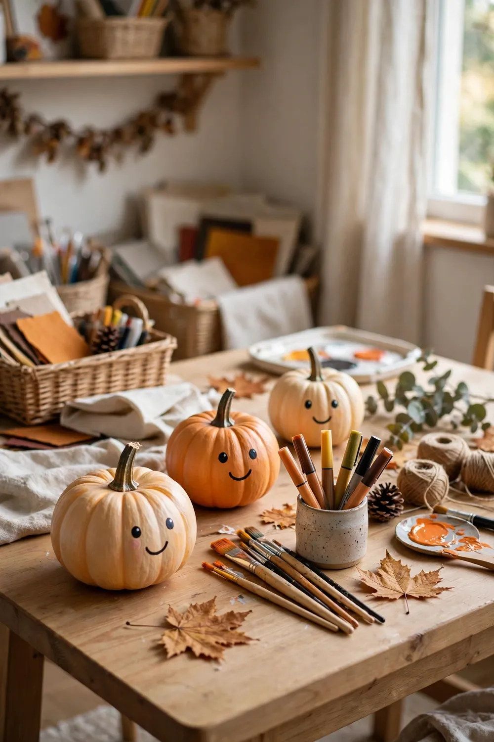 Smiling painted faces on small pumpkins arranged in a craft room