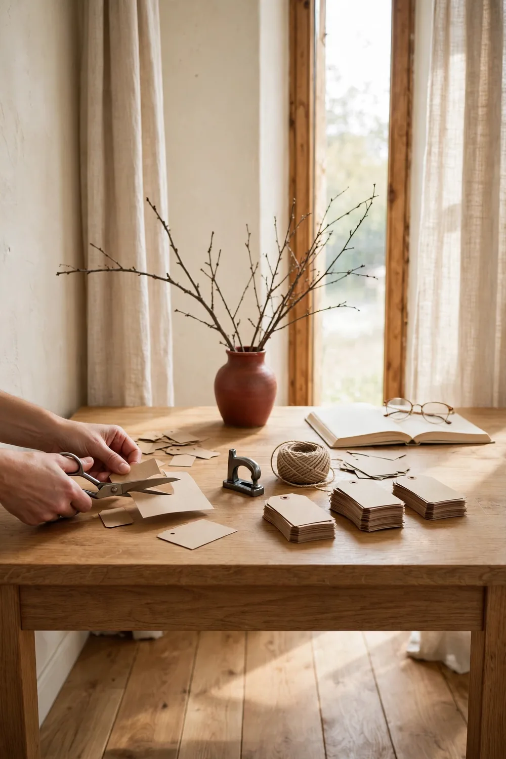 Kraft paper tags being cut with scissors beside a hole punch and twine on a wooden table