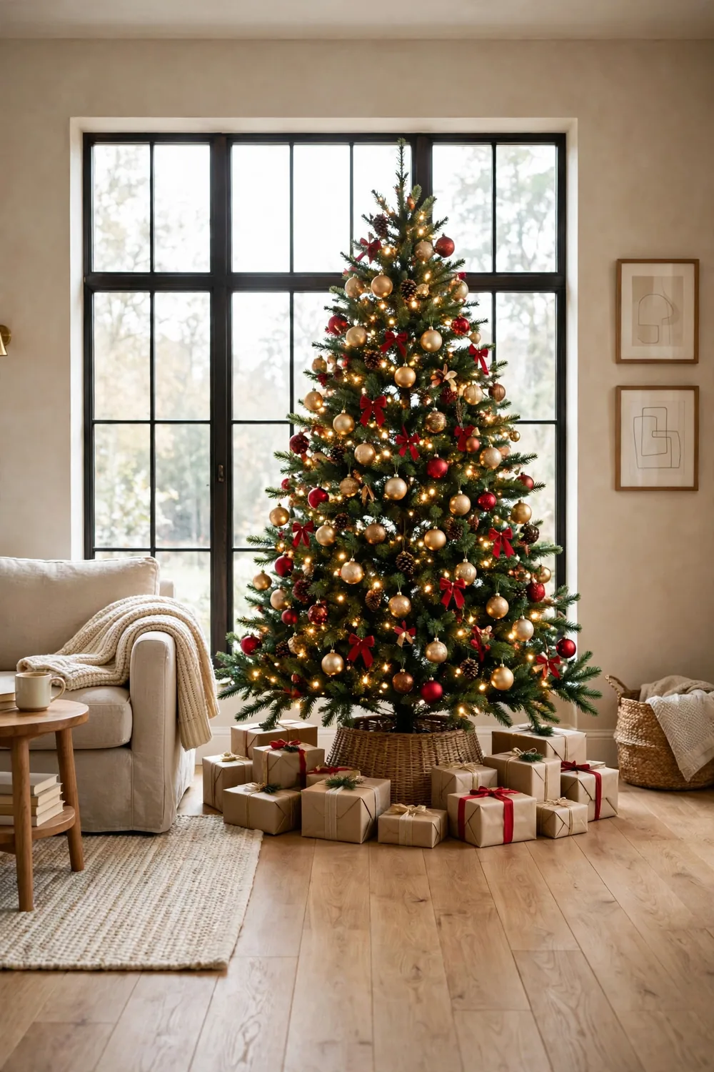 Fully decorated Christmas tree with red and gold ornaments, glowing lights, tree skirt, and wrapped gifts in a cozy living room