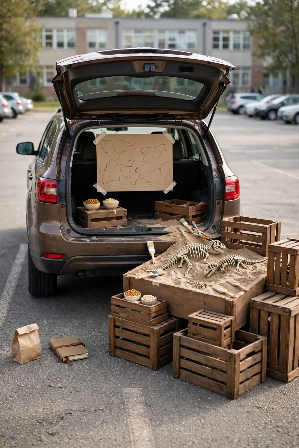 A brown SUV trunk set up as a dinosaur dig site with a sand bin and small brushes