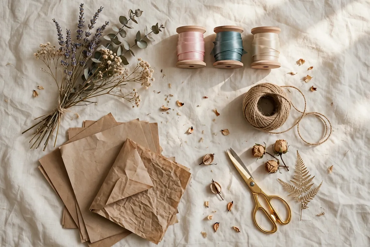 Beautiful DIY craft flatlay with dried flowers, ribbon, twine and kraft paper on cream linen