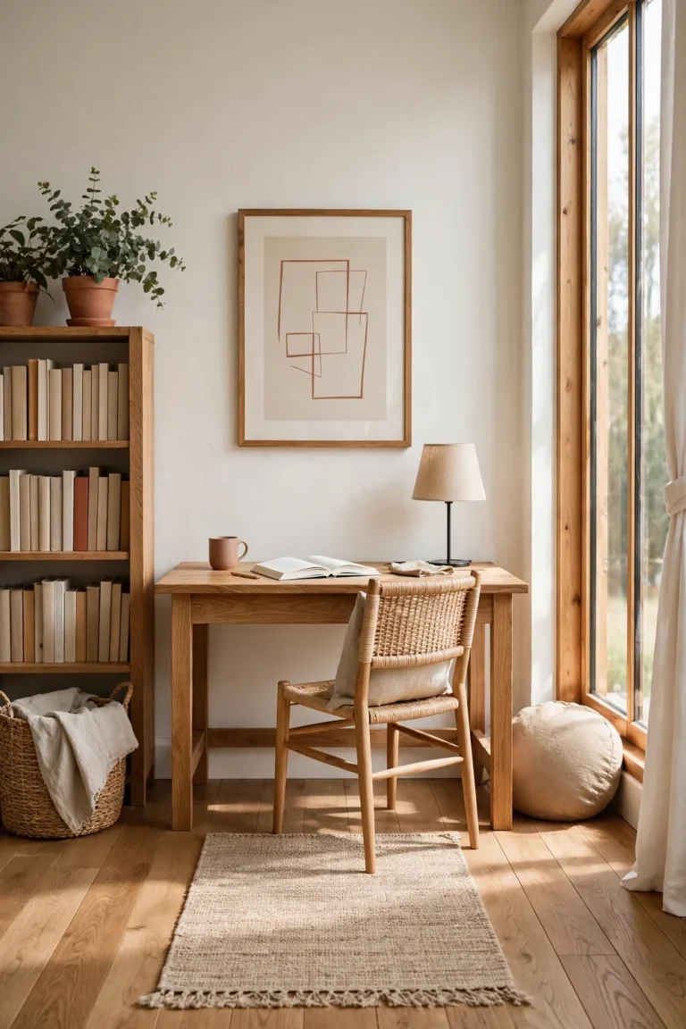 Styled home office corner with a handmade wooden desk, chair, lamp, and wall art in warm daylight