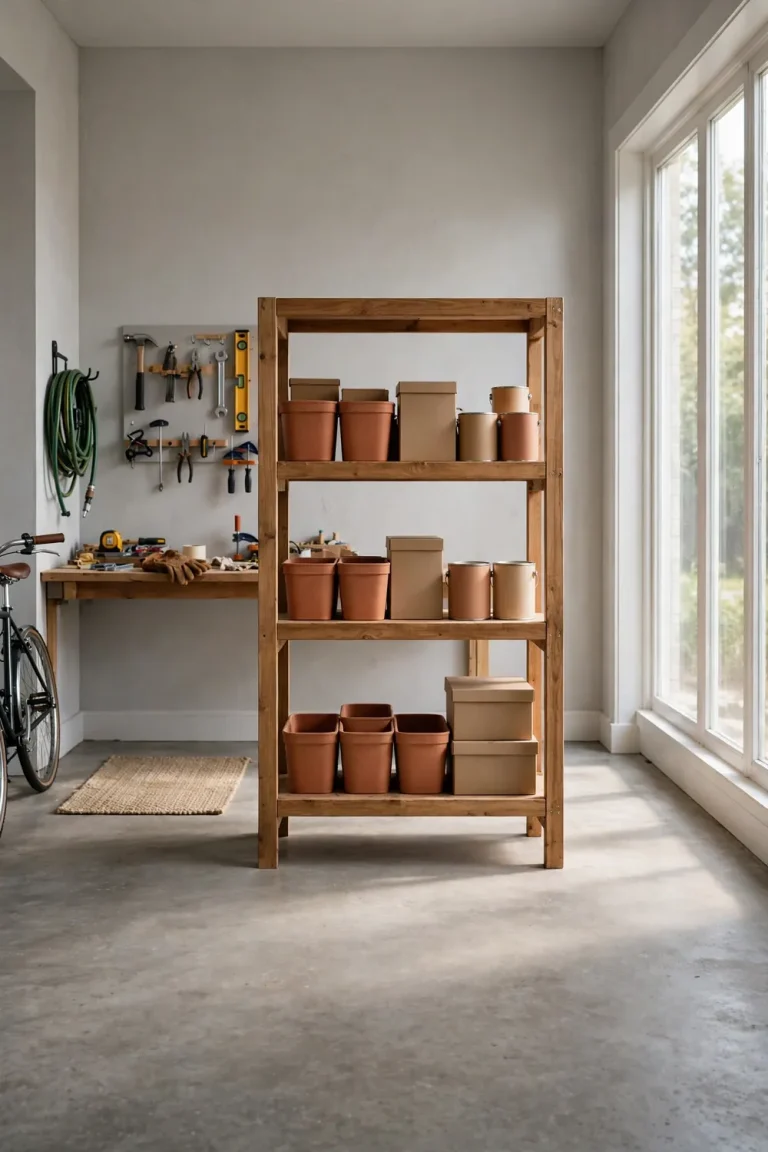 A finished wooden garage shelf unit with three levels holding neat storage bins and boxes