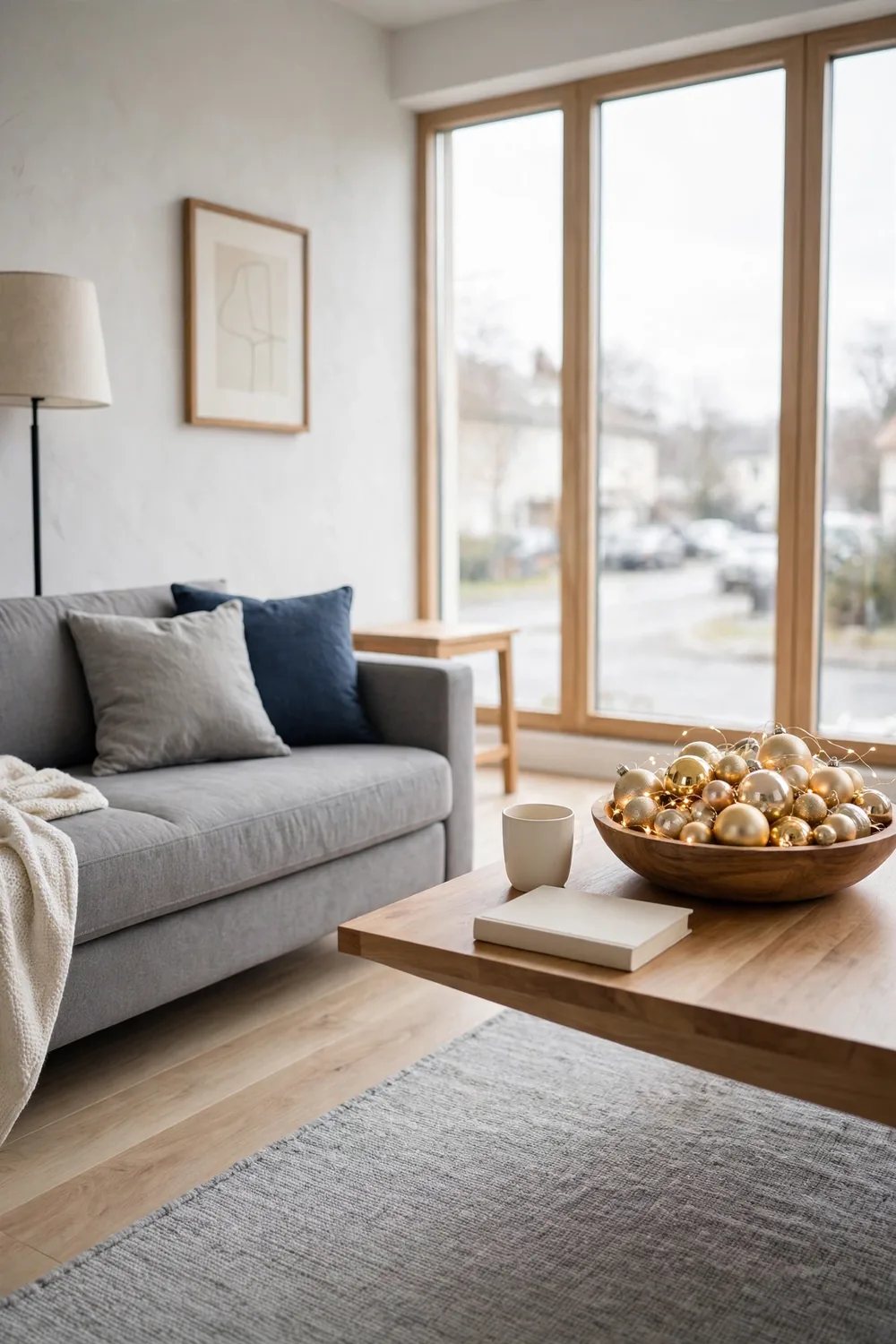Wooden bowl filled with gold and champagne Christmas ornaments glowing with tiny fairy lights on a coffee table