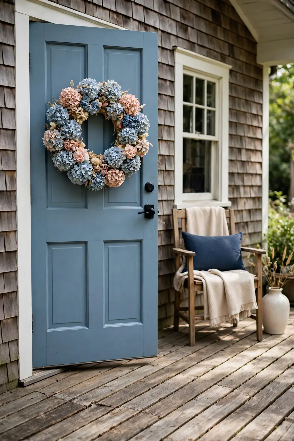 Taupe suburban home with a sage green front door and a soft dried hydrangea bloom wreath